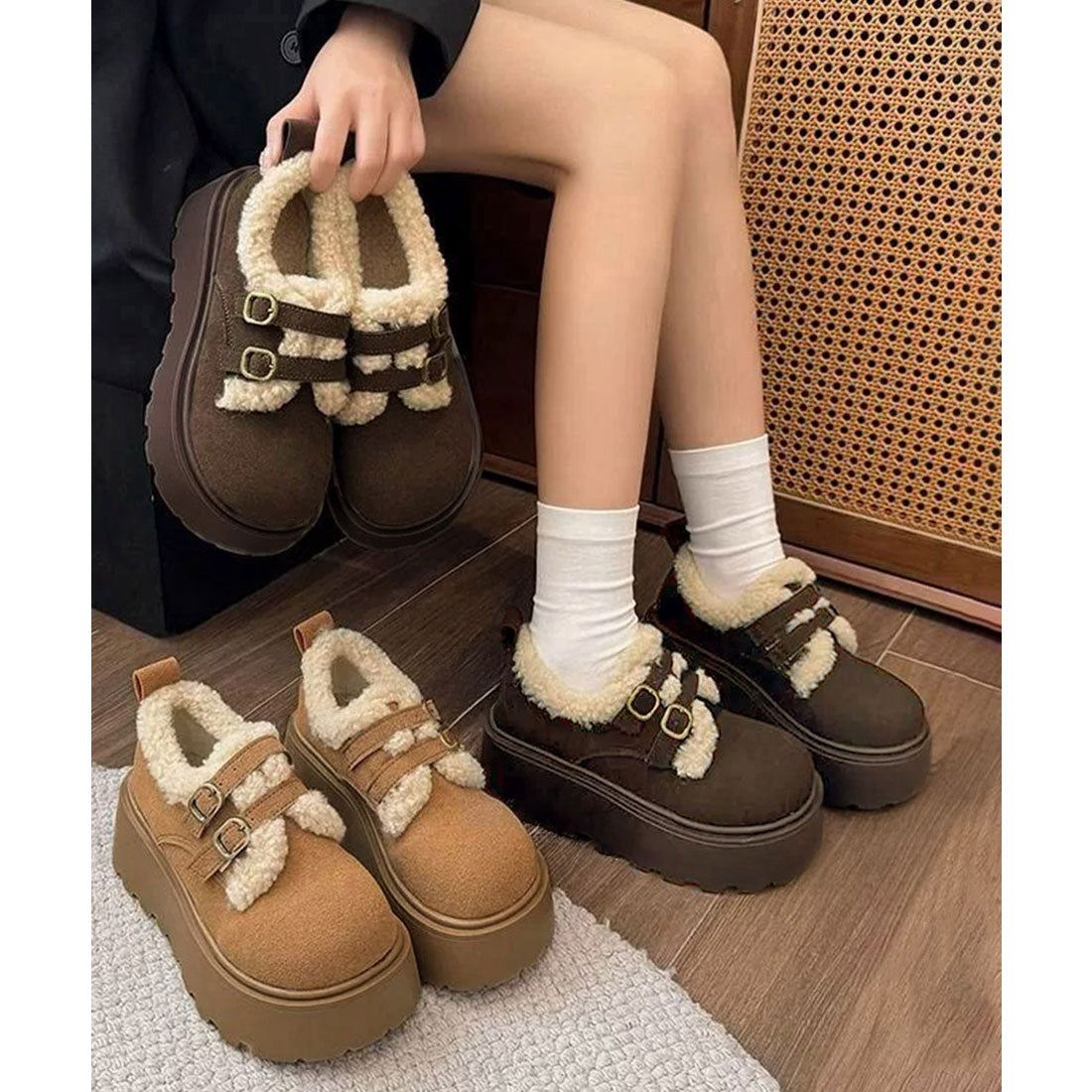 ミニミニストア miniministore ダブルベルトボアムートンシューズ 厚底靴 (キャメル) キャメル