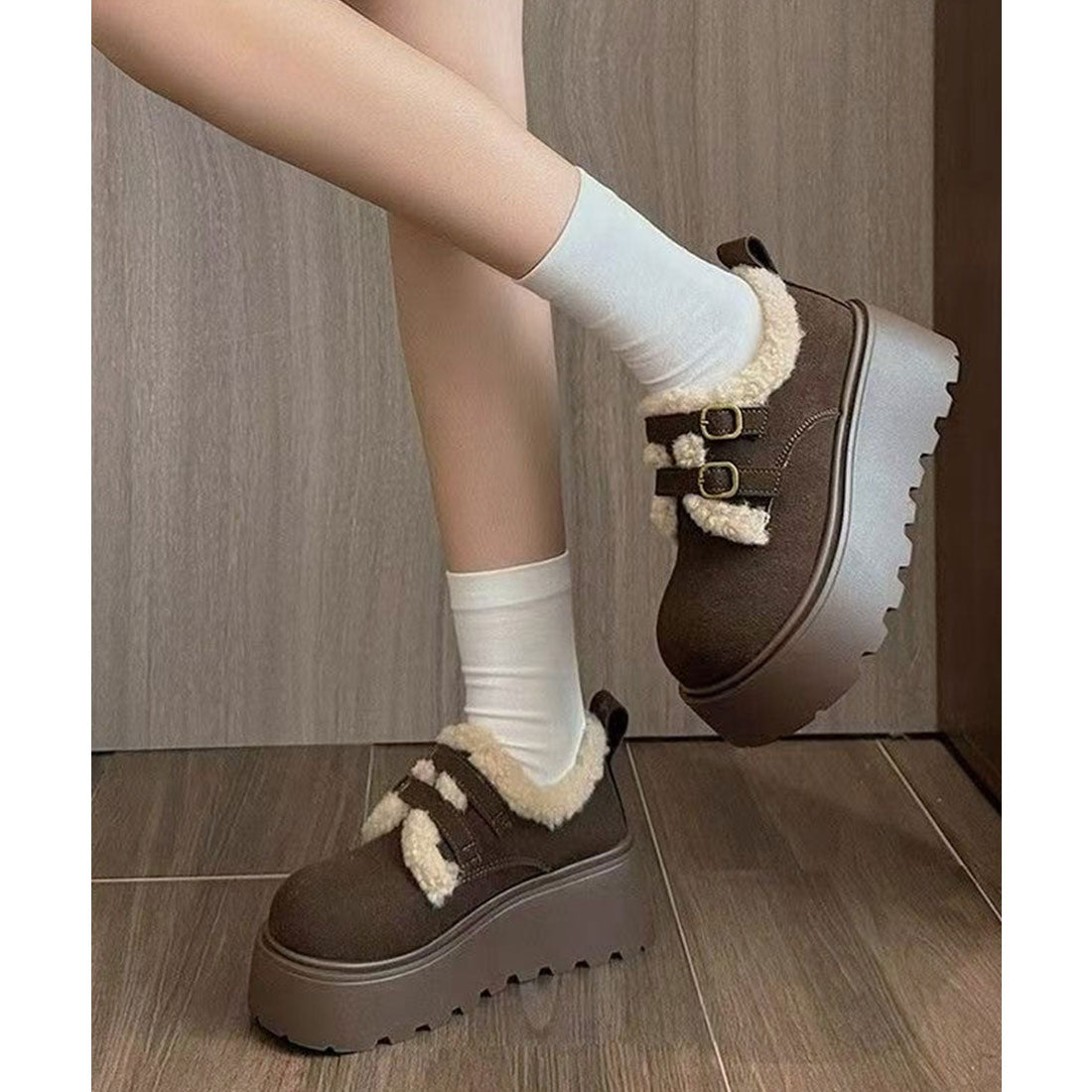 ミニミニストア miniministore ダブルベルトボアムートンシューズ 厚底靴 (キャメル) キャメル