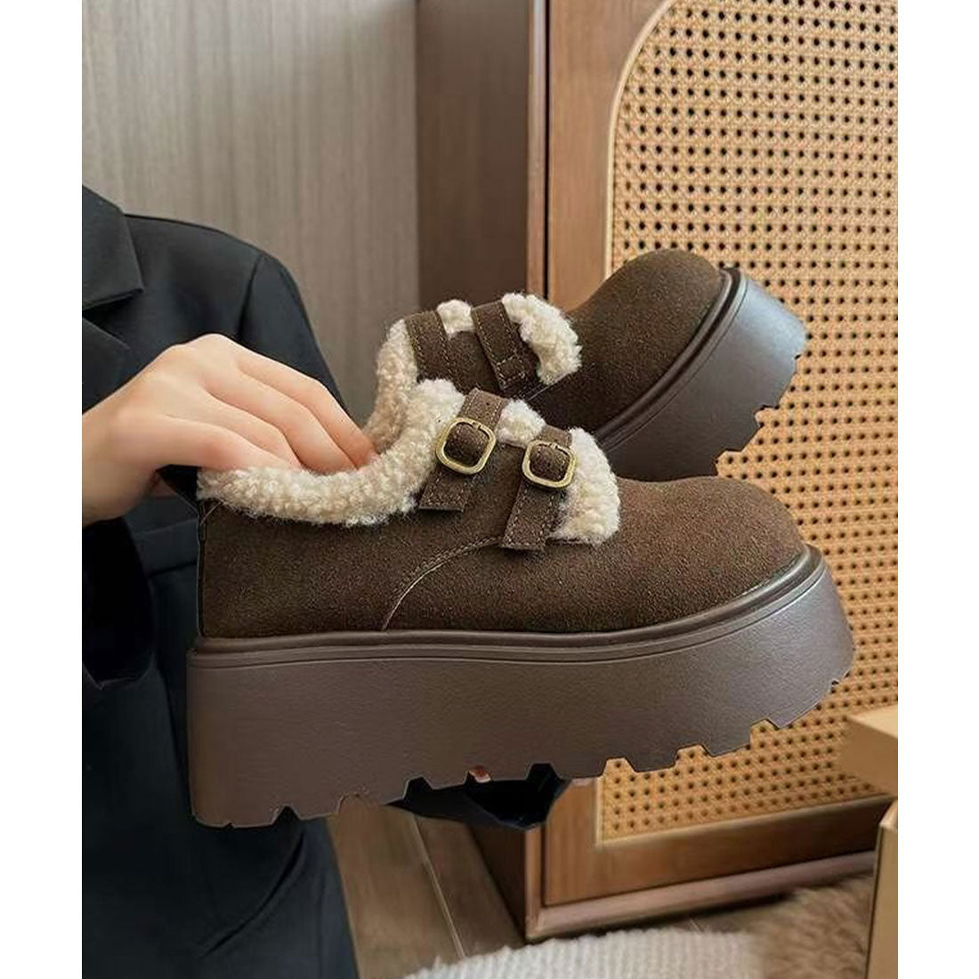 ミニミニストア miniministore ダブルベルトボアムートンシューズ 厚底靴 (キャメル) キャメル