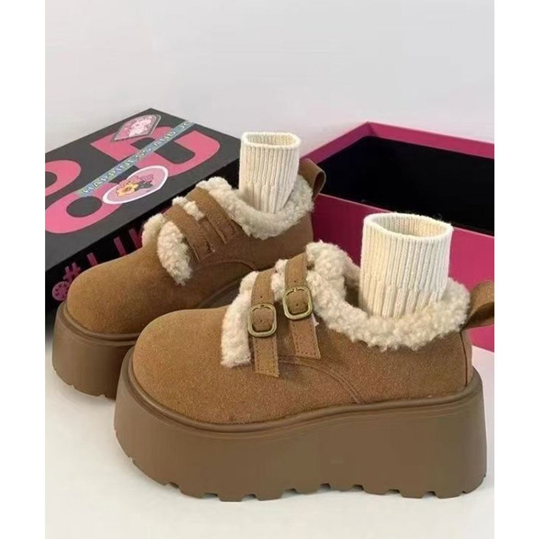 ミニミニストア miniministore ダブルベルトボアムートンシューズ 厚底靴 (キャメル) キャメル