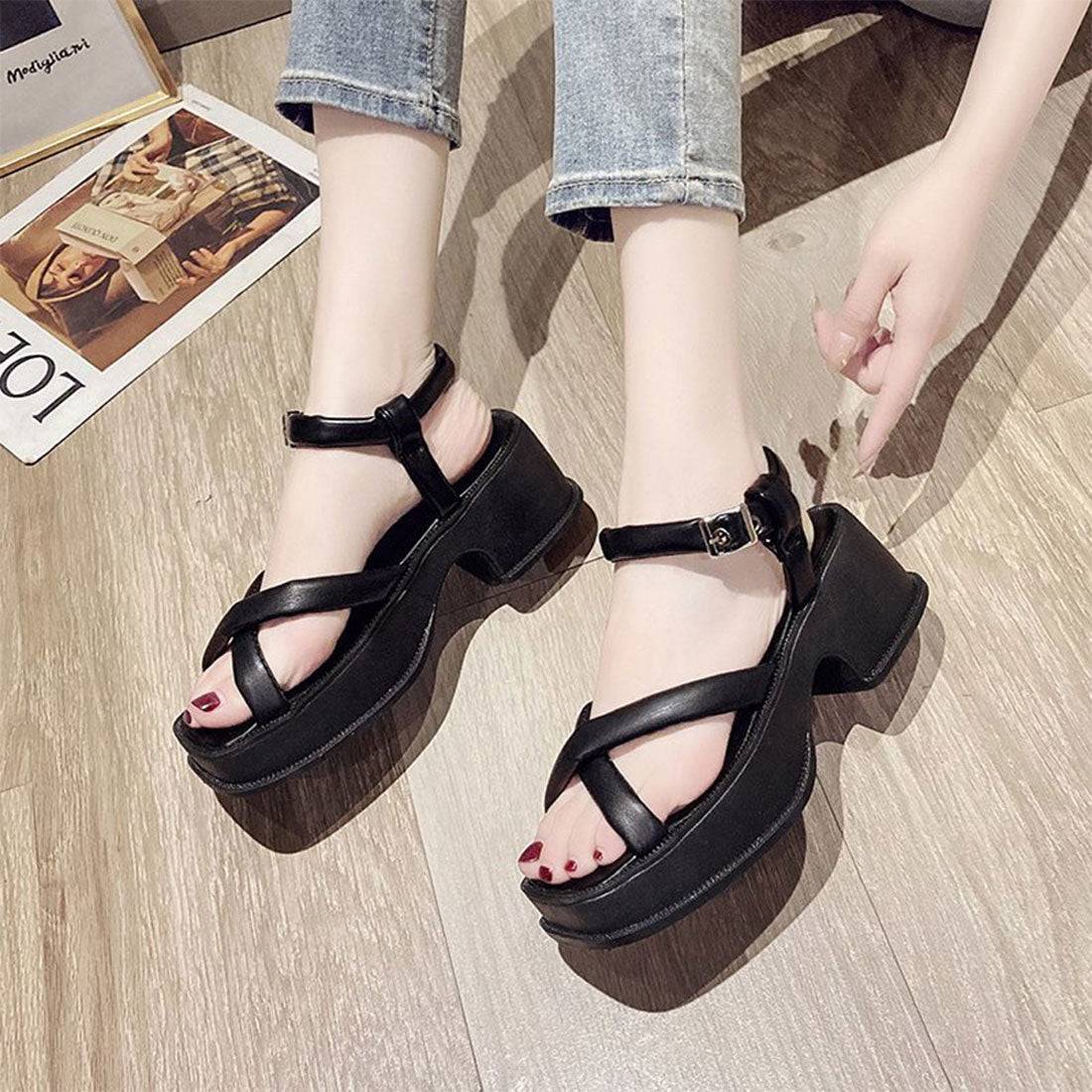 厚底サンダル スクエアトゥ レディース