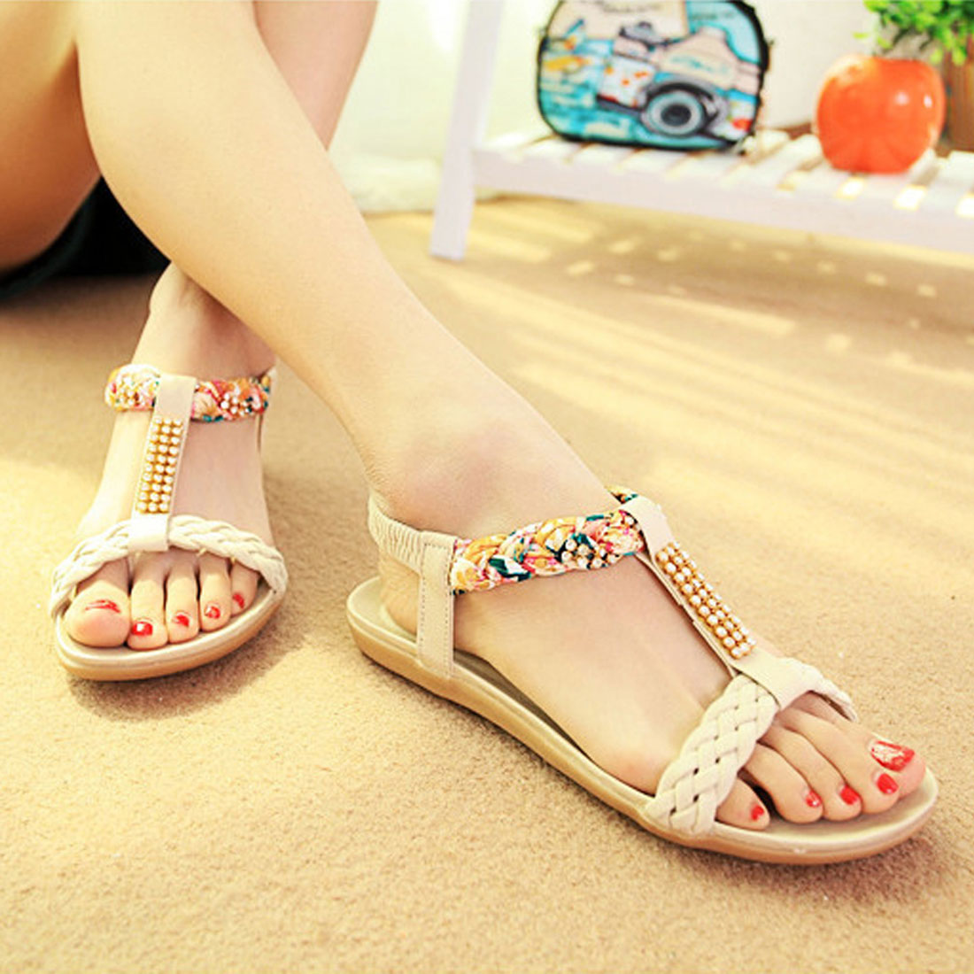 アンクルストラップ サンダル ぺたんこ ホットピンク