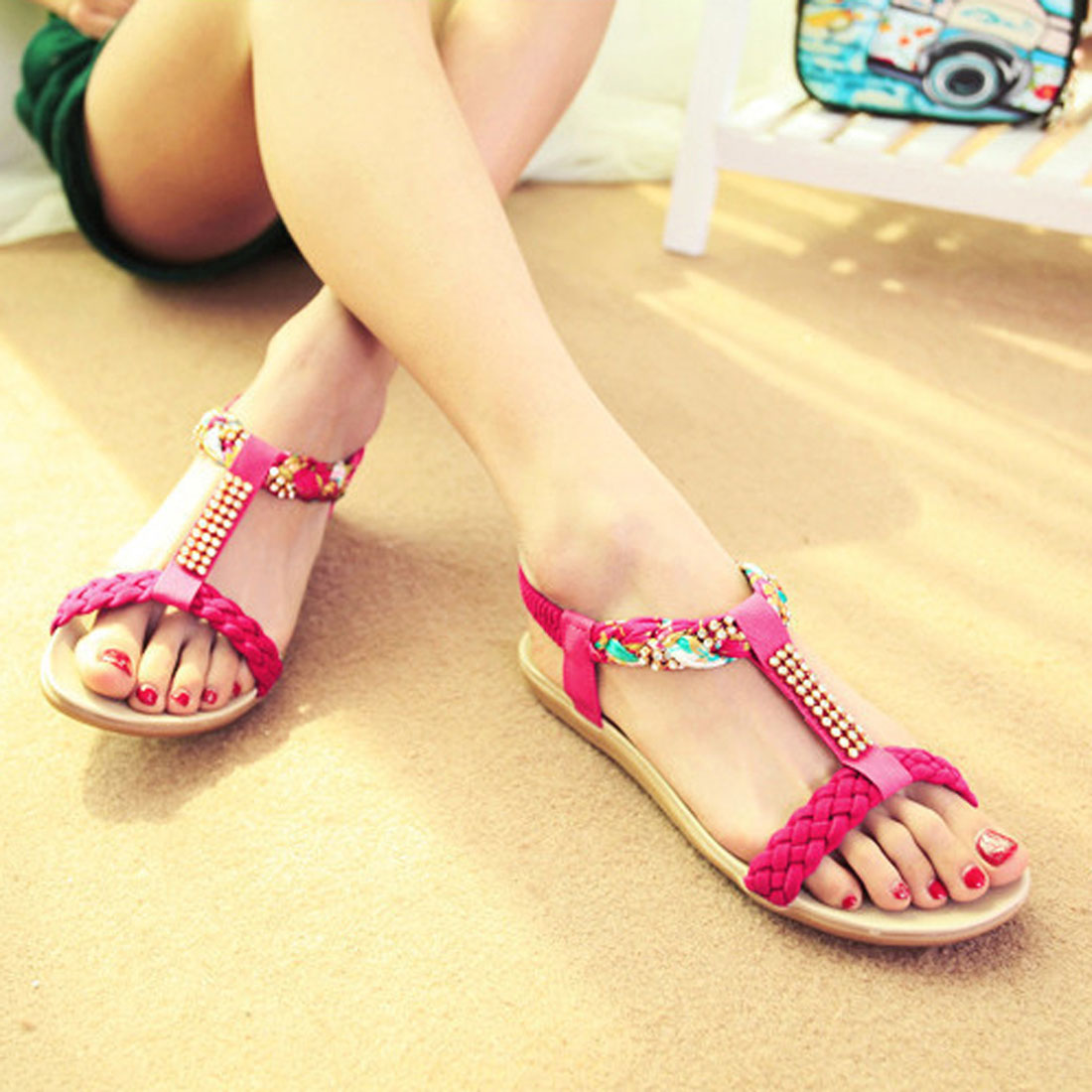 アンクルストラップ サンダル ぺたんこ ホットピンク