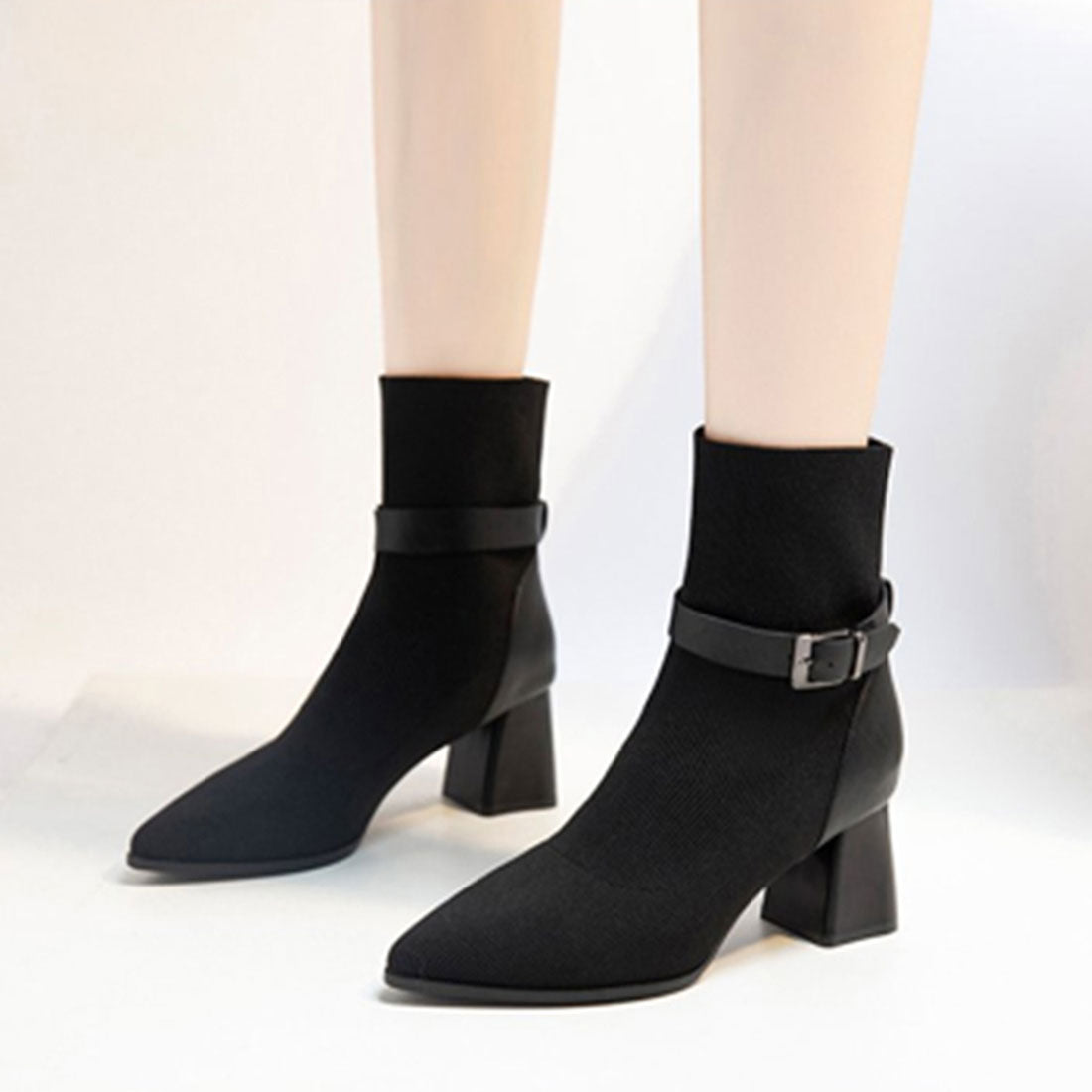 ショートブーツ レディース太ヒールブーツ,ブラック