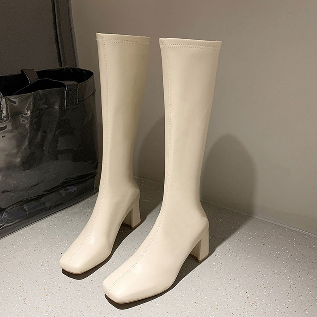ロングブーツ ブーツ 合皮 韓国,アイボリー