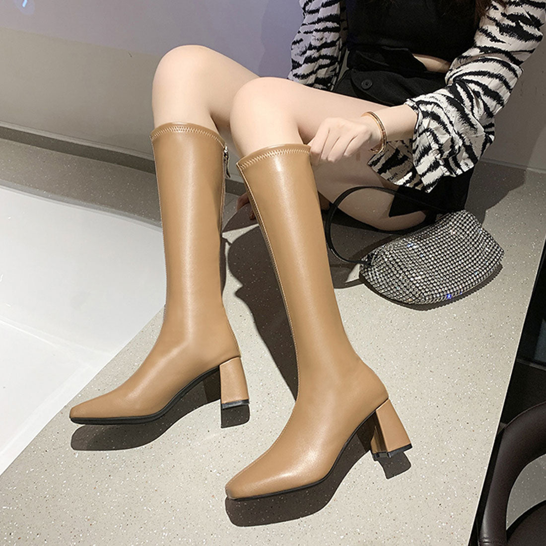 ロングブーツ ブーツ 合皮 韓国,ベージュ