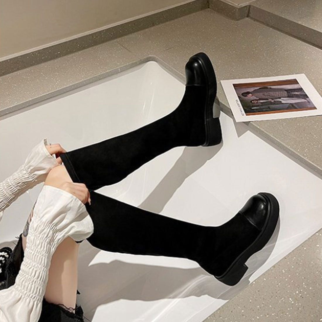 ロングブーツ ラウンドトゥ 厚底ブーツ,ブラック