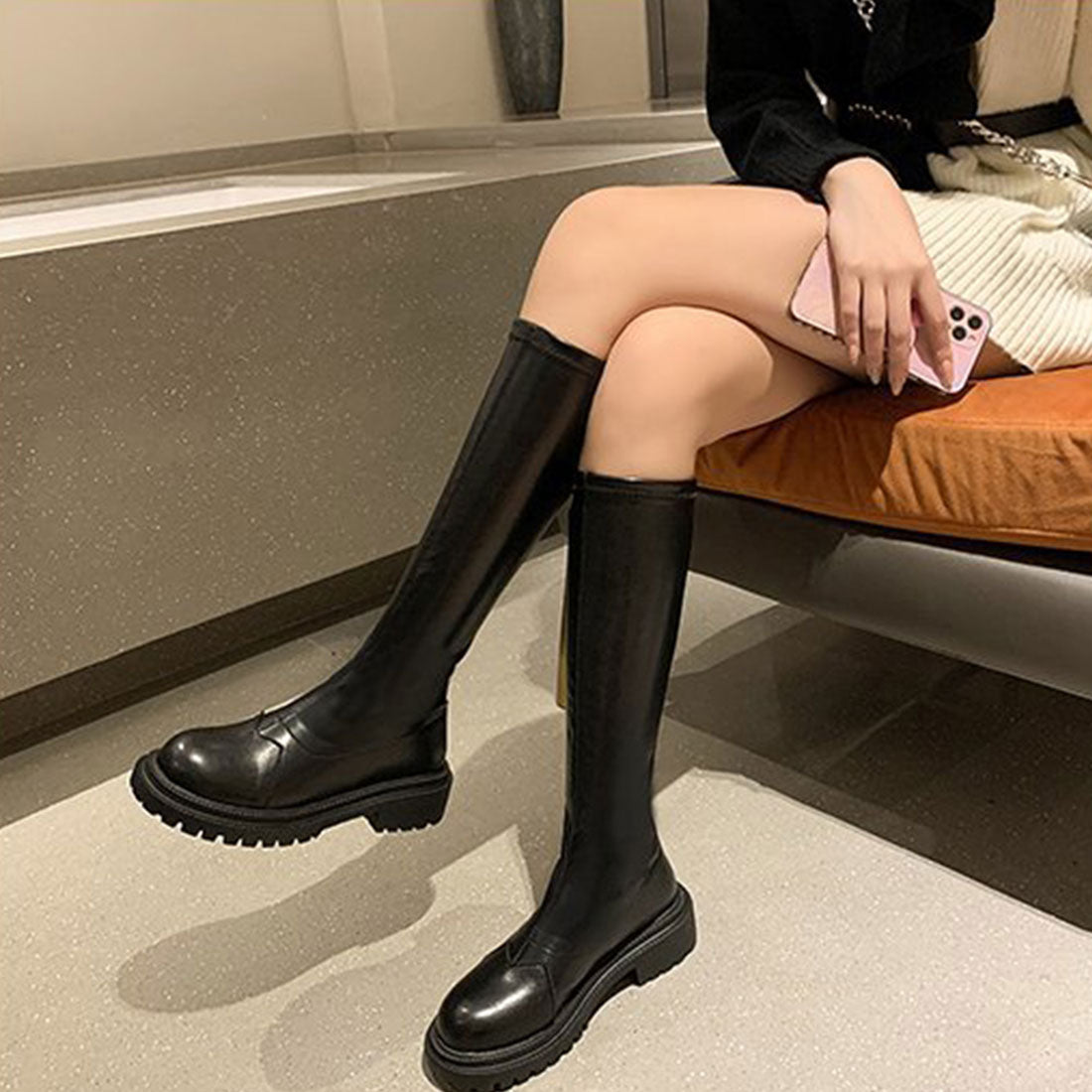 ロングブーツ レディース 厚底ブーツ韓国,ブラック