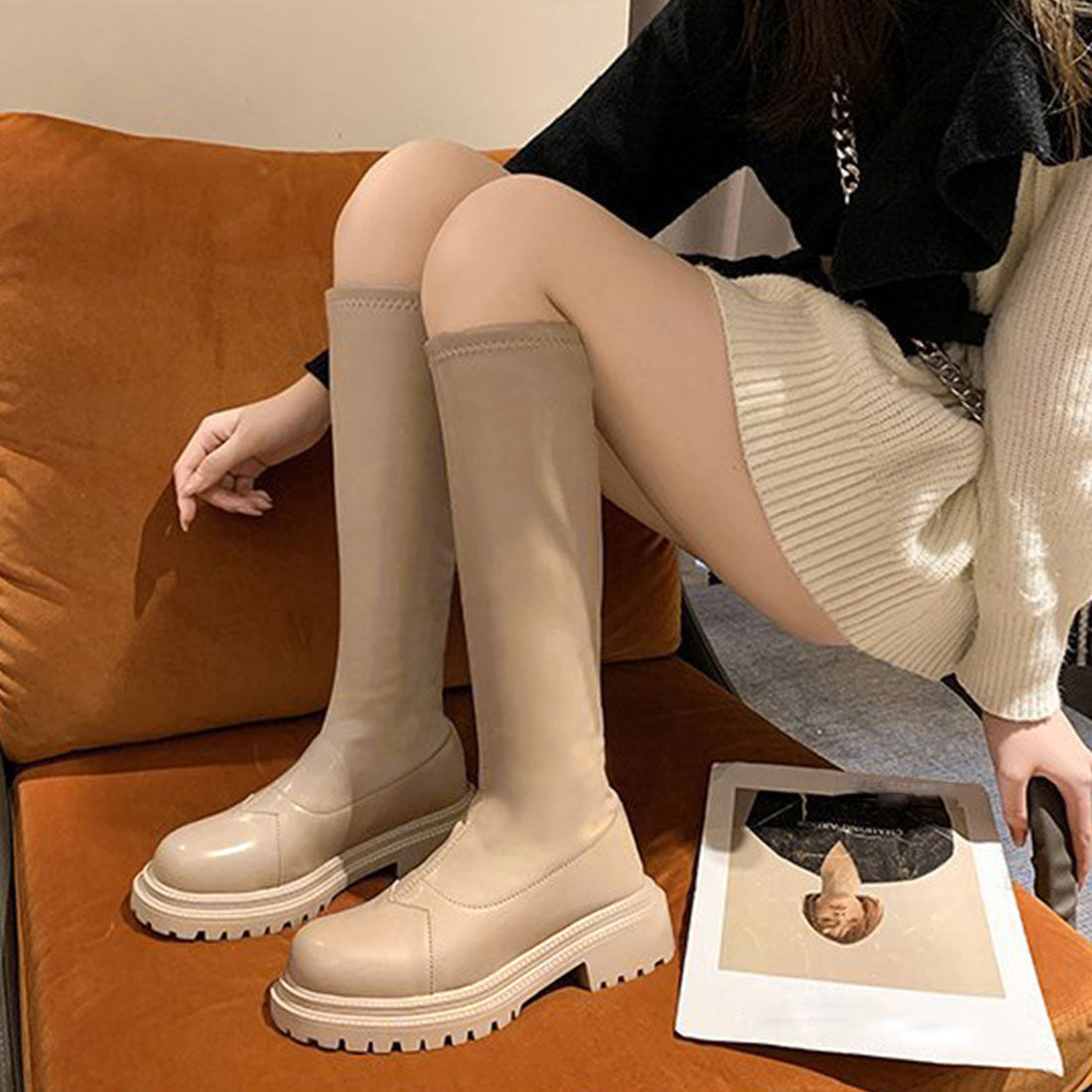 ロングブーツ レディース 厚底ブーツ韓国,モカ