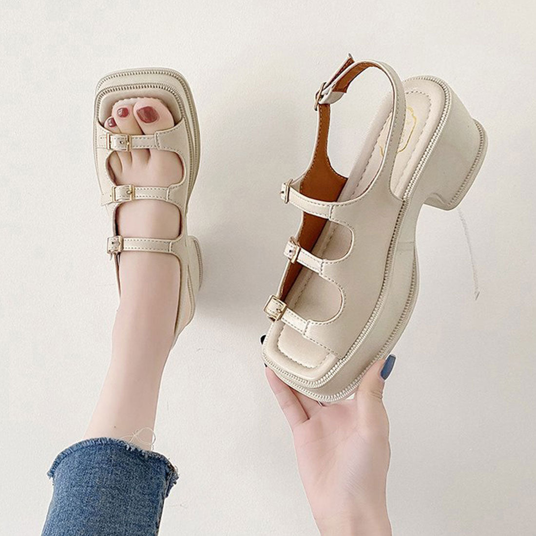 韓国 厚底 ヒールサンダル レディース,アイボリー