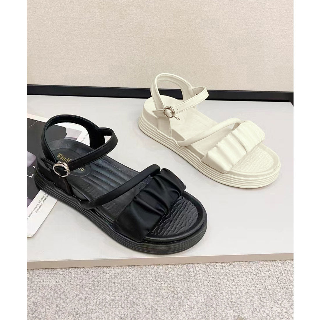 厚底サンダル レディース 美脚 夏靴 ブラック