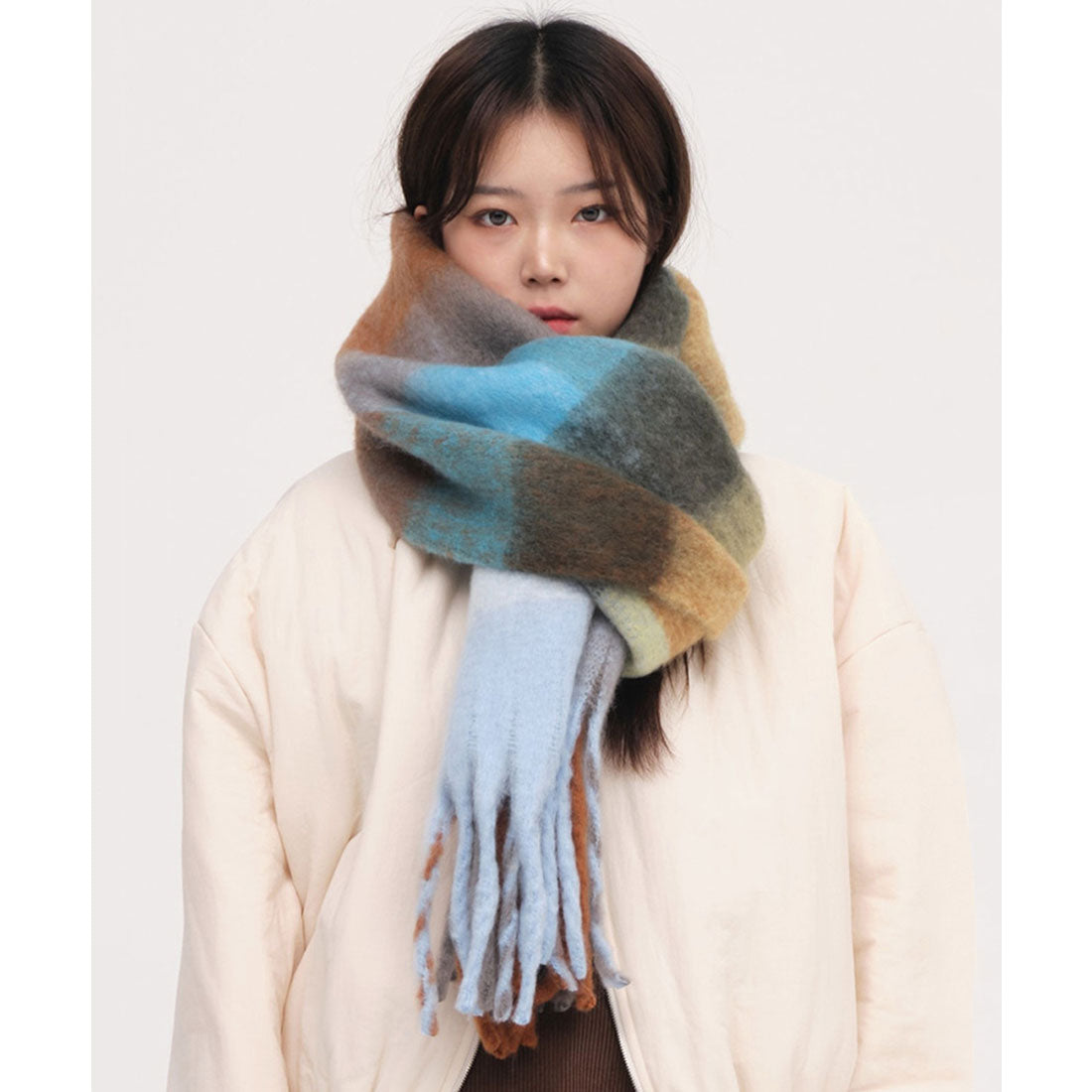 ミニミニストア miniministore カシミヤ風マフラーチェック柄 大判 厚手 (ダークグリーン*イエロー) ダークグリーン*イエロー