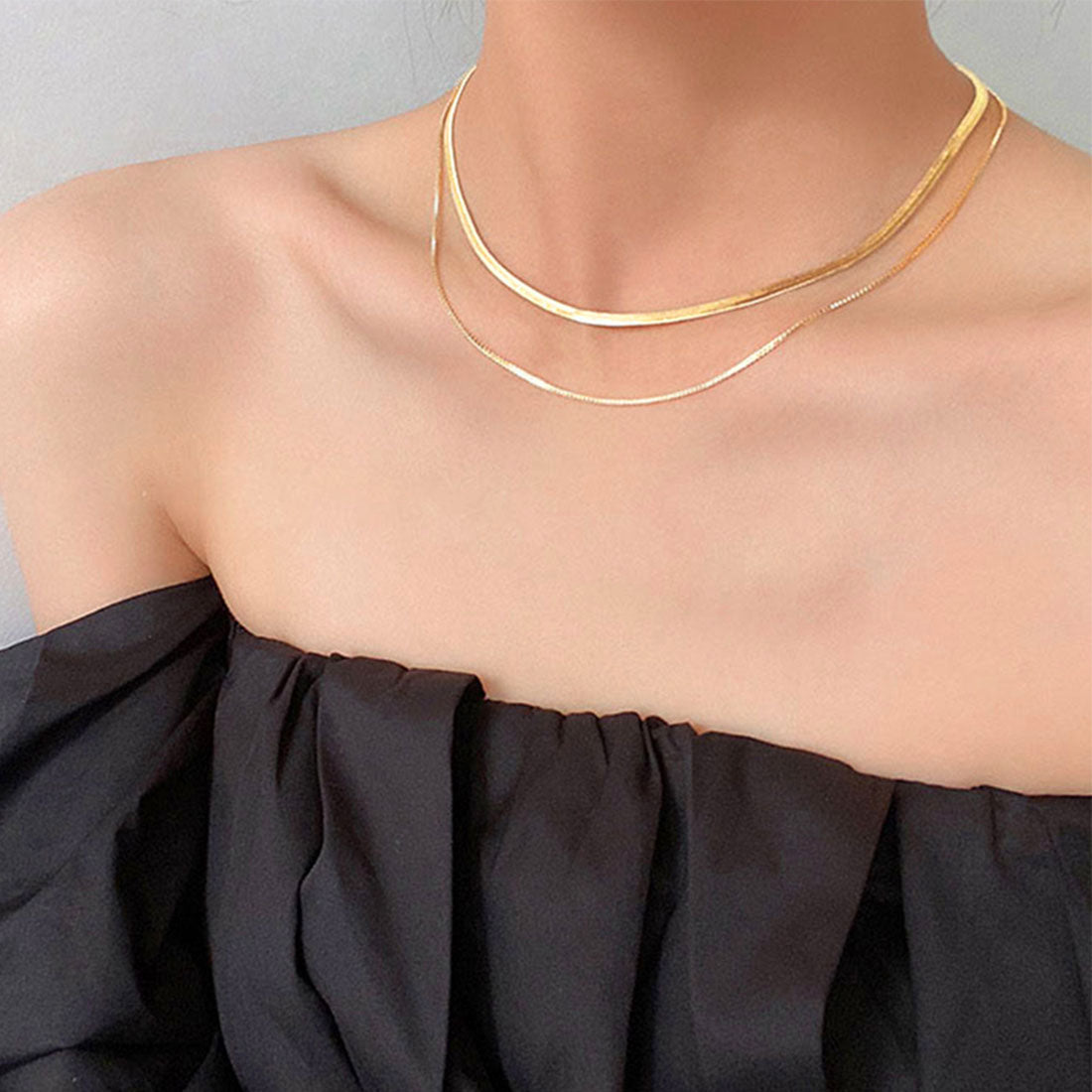 太幅チョーカー 2連チェーンネックレス,ゴールド