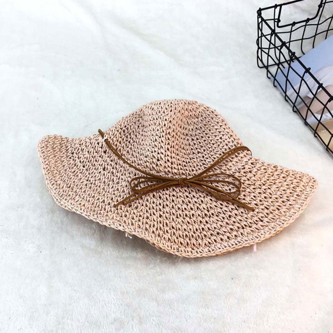 麦わら帽子 レディース 折たたみ ピンクベージュ