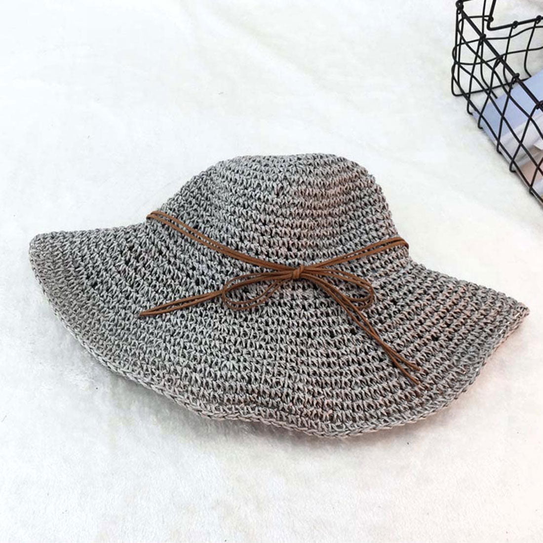 麦わら帽子 レディース 折たたみ グレー