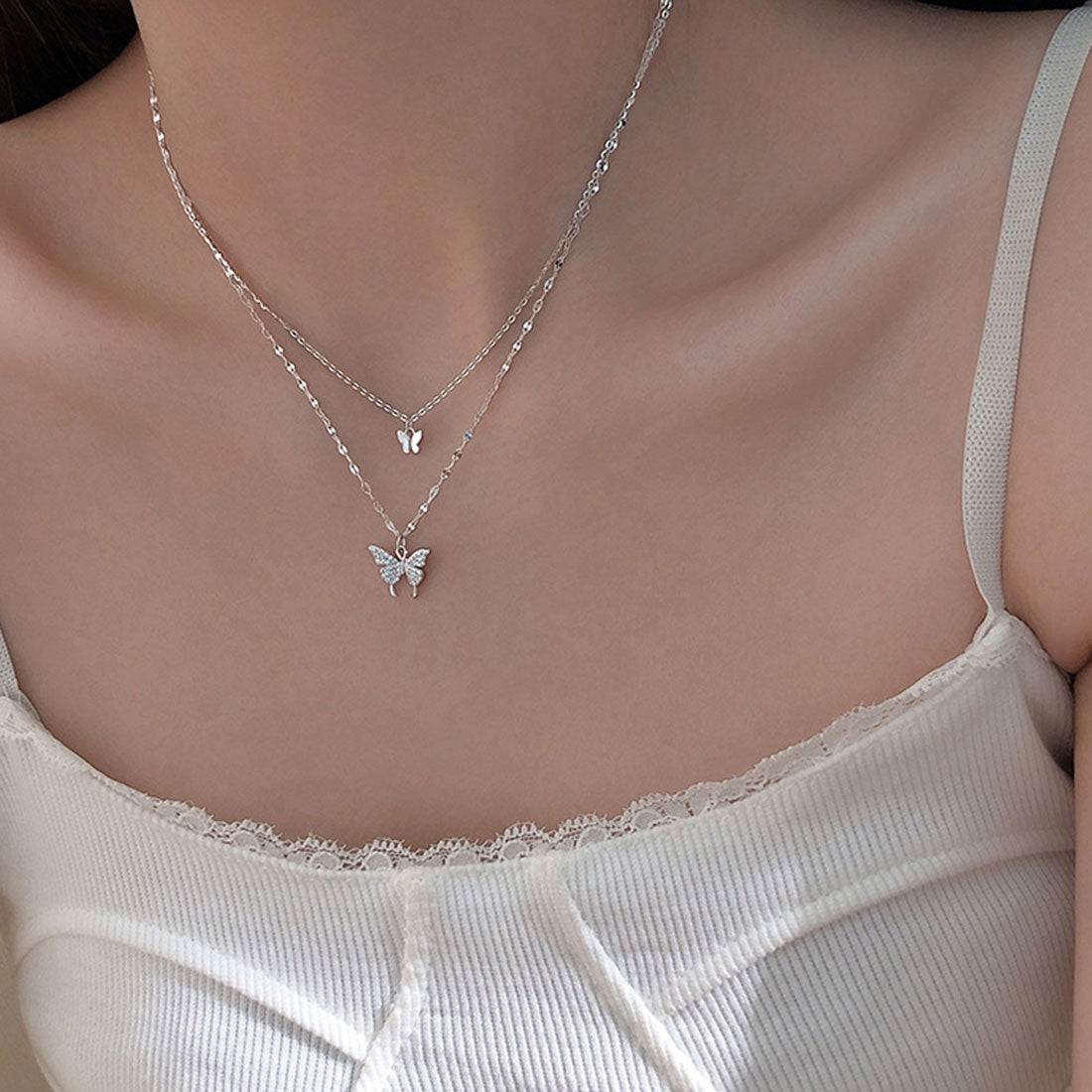 2連ネックレス 蝶々 ジュエリー 上品,シルバー