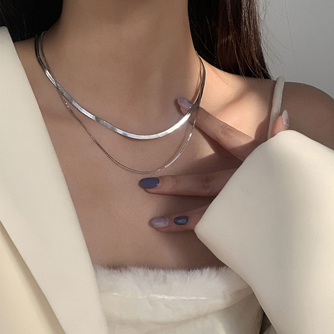 太幅チョーカー 2連チェーンネックレス,シルバー