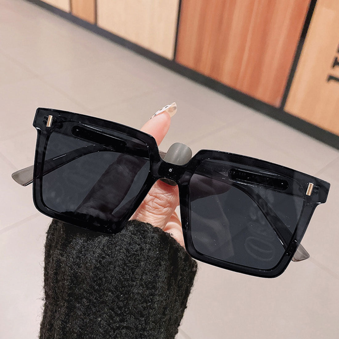 スクエアサングラス ビックフレームメガネ,ブラック*グレー