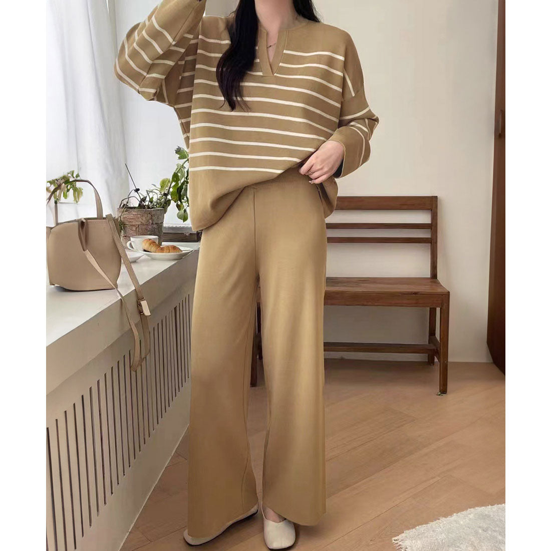 ニットセットアップ トップスパンツセット ベージュ