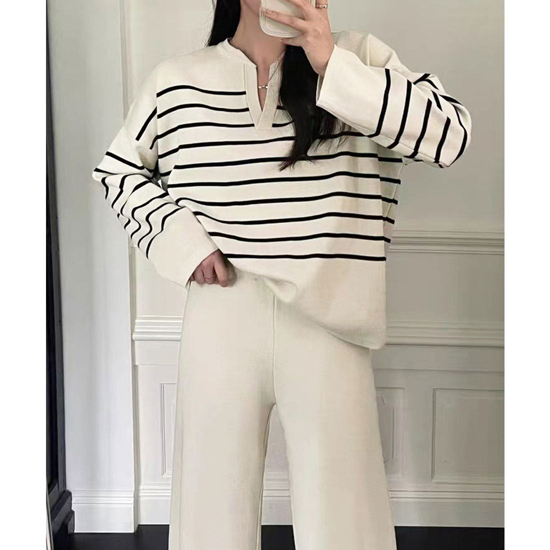 ニットセットアップ トップスパンツセット ベージュ