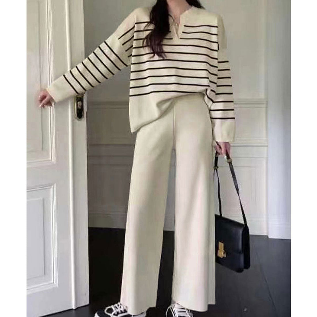 ニットセットアップ トップスパンツセット ベージュ