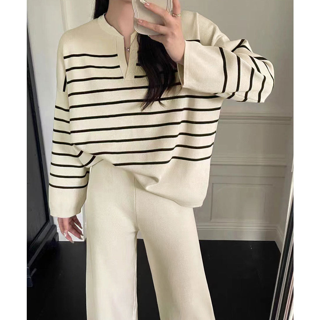 ニットセットアップ トップスパンツセット ベージュ
