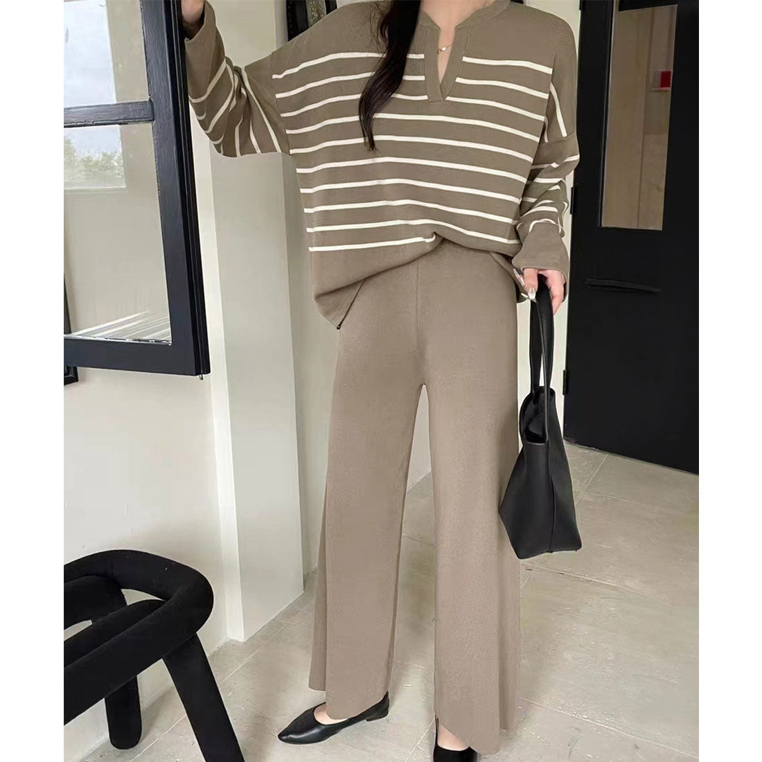 ニットセットアップ トップスパンツセット ベージュ