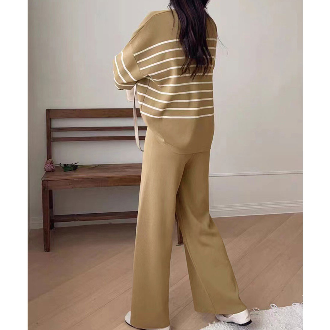 ニットセットアップ トップスパンツセット ベージュ