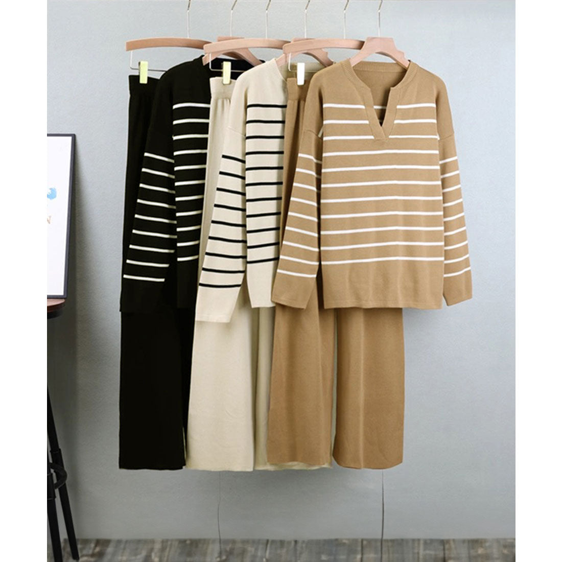 ニットセットアップ トップスパンツセット ベージュ