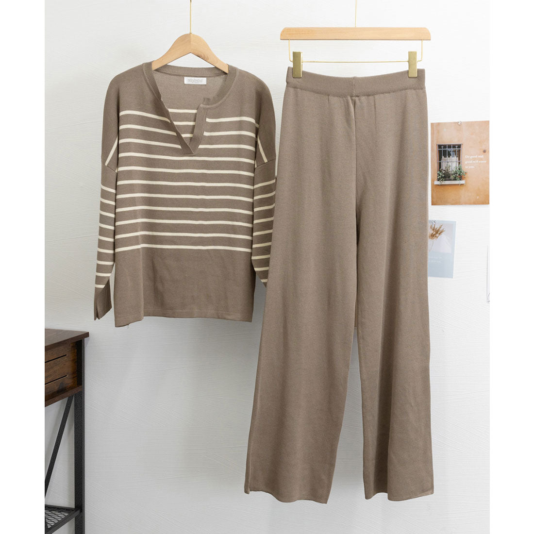 ニットセットアップ トップスパンツセット ベージュ