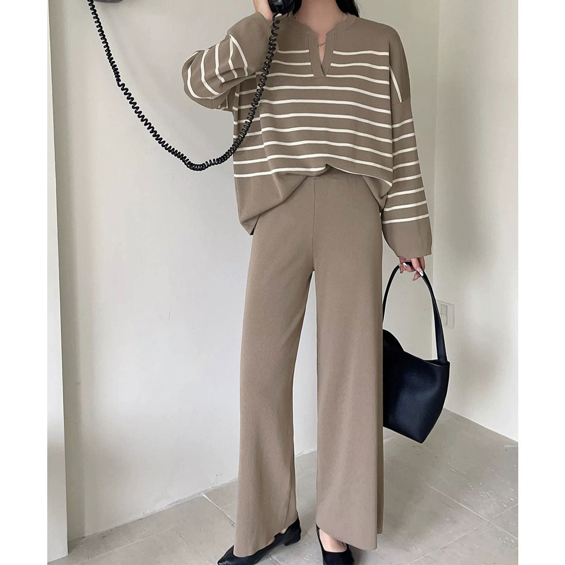 ニットセットアップ トップスパンツセット モカ