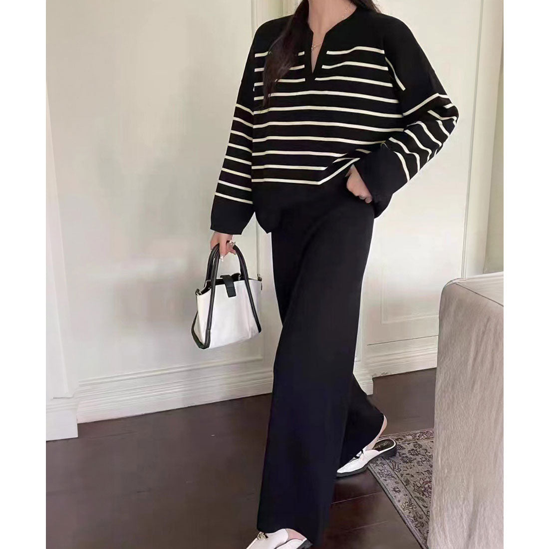 ニットセットアップ トップスパンツセット ブラック