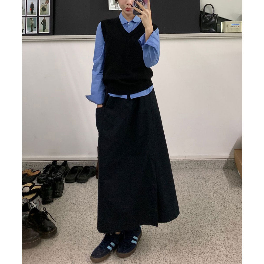 ニットベスト Vネック 重ね着 春秋冬 グレー