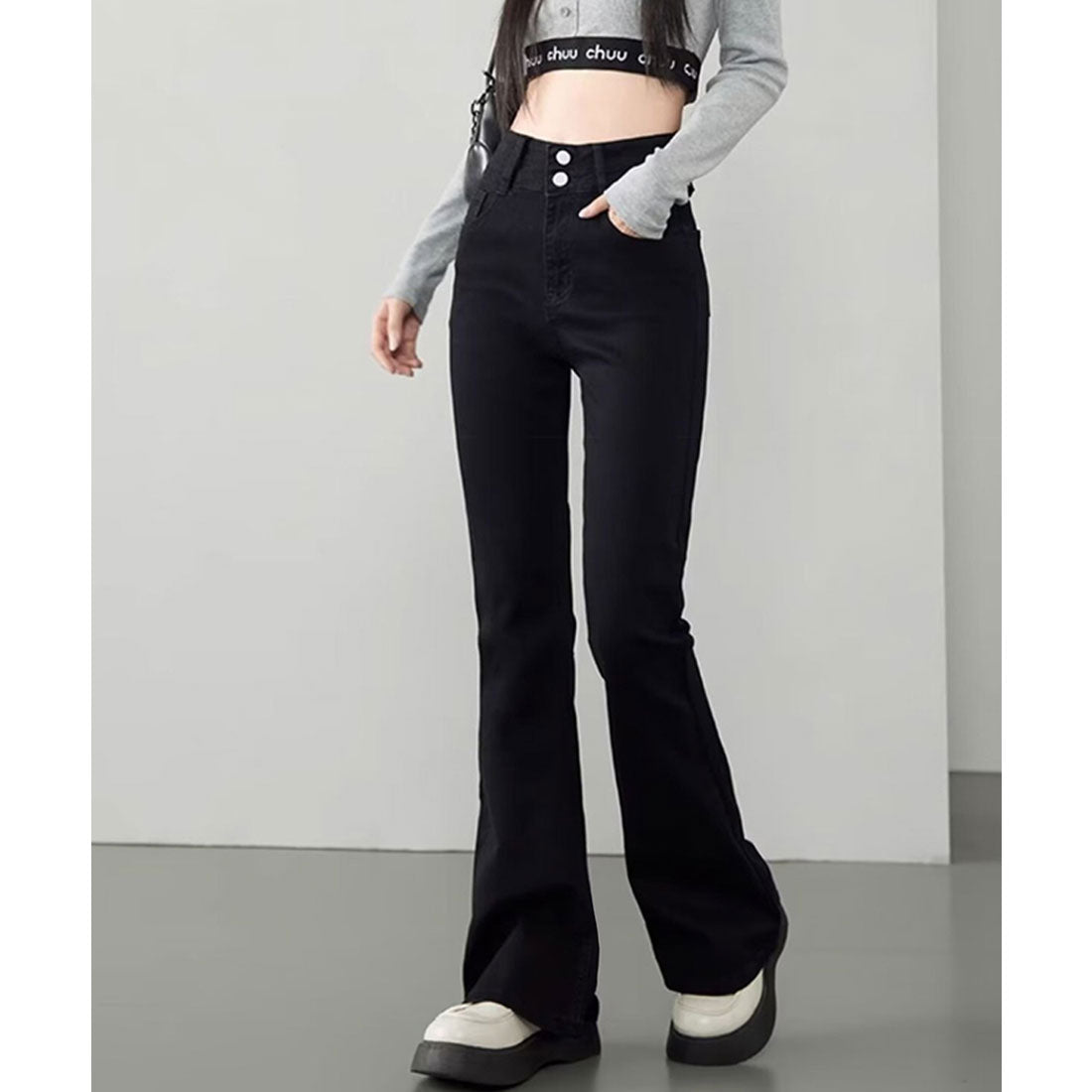 ミニミニストア miniministore セミフレアデニムパンツ 美脚デニムパンツ,ブラック