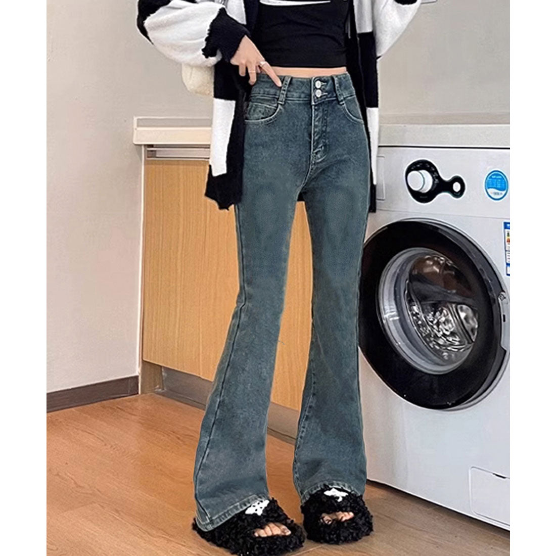 ミニミニストア miniministore セミフレアデニムパンツ 美脚デニムパンツ,インディゴブルー