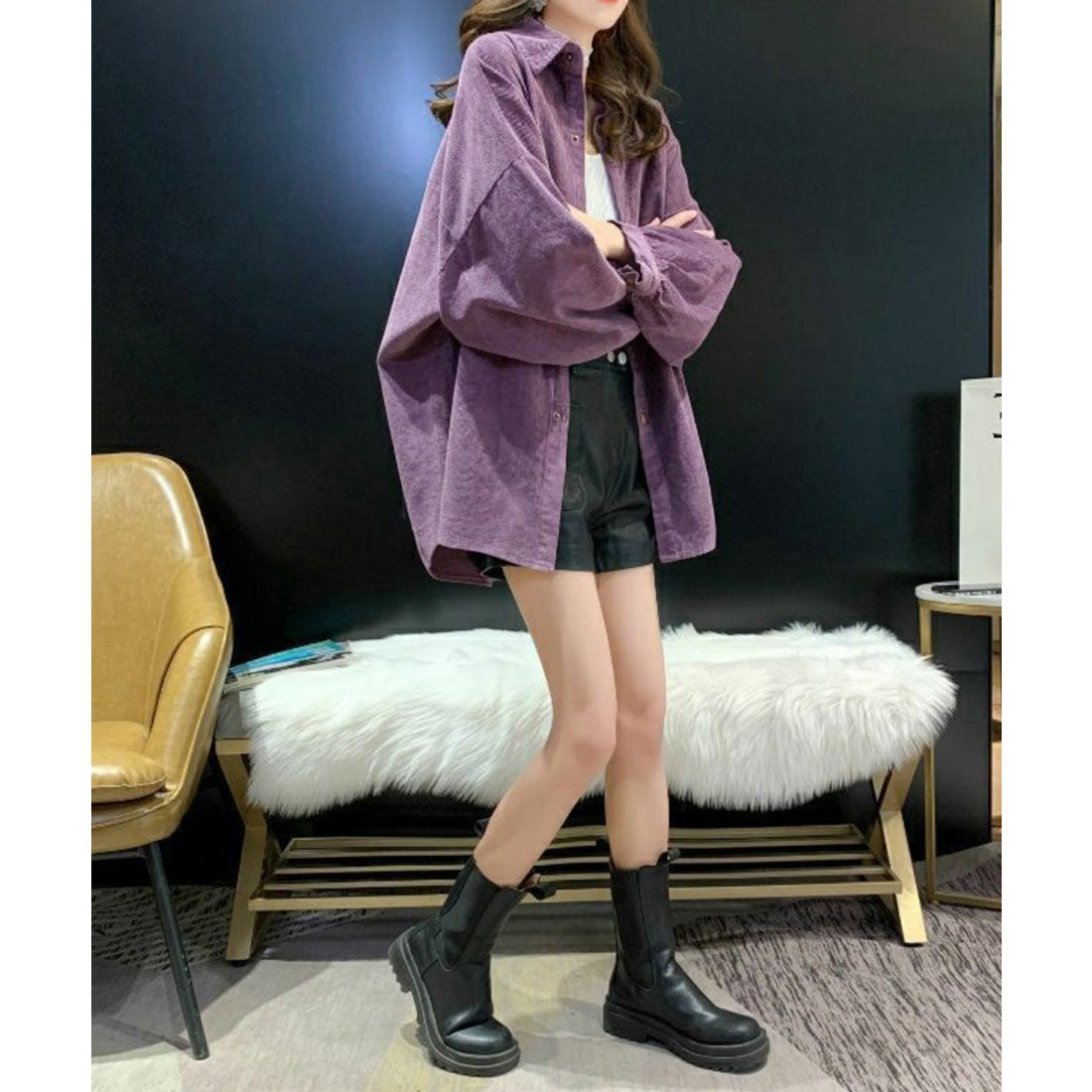 コーデュロイシャツ レディース長袖シャツ ブラック