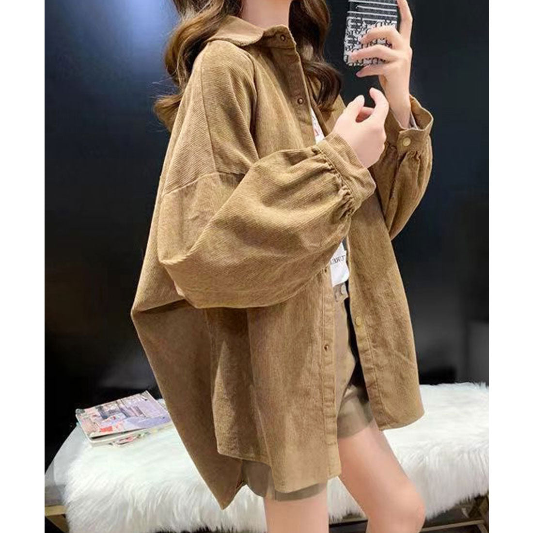 コーデュロイシャツ レディース長袖シャツ キャメル