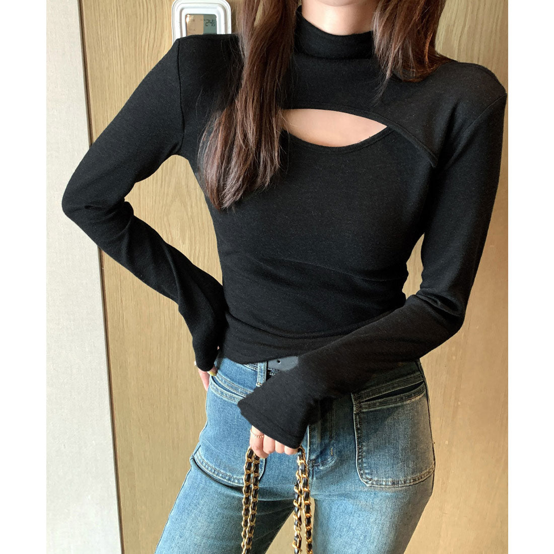 ミニミニストア miniministore 長袖Tシャツ 穴あき ハイネック 春秋冬