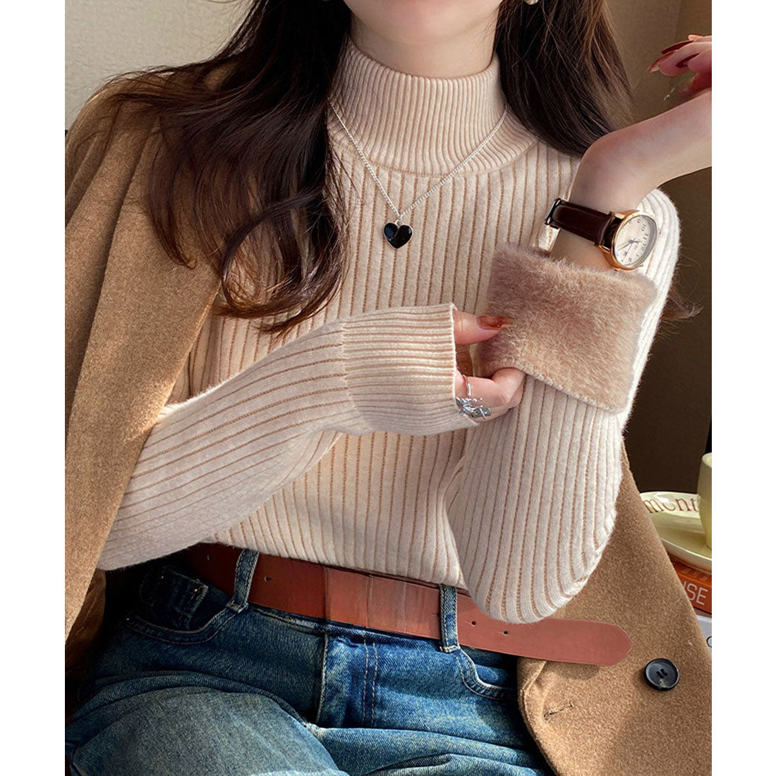 ニットトップス 裏起毛 ハイネック 厚手 ピンクベージュ