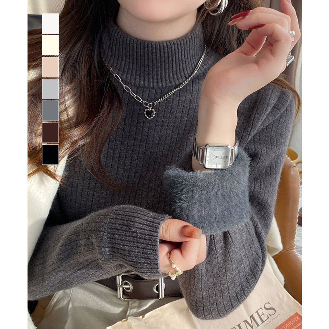 ニットトップス 裏起毛 ハイネック 厚手 ピンクベージュ