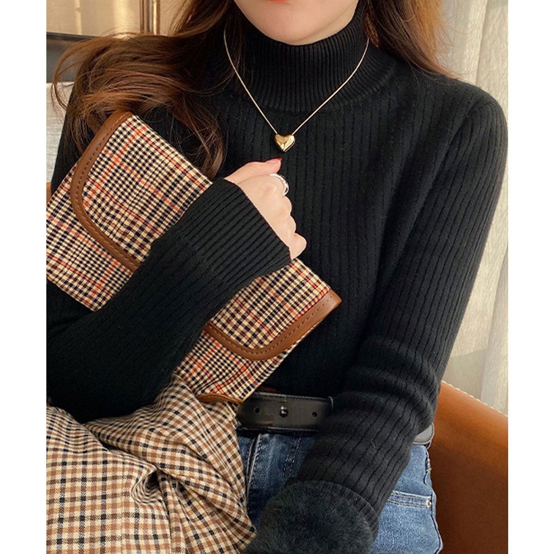 ニットトップス 裏起毛 ハイネック 厚手 ピンクベージュ