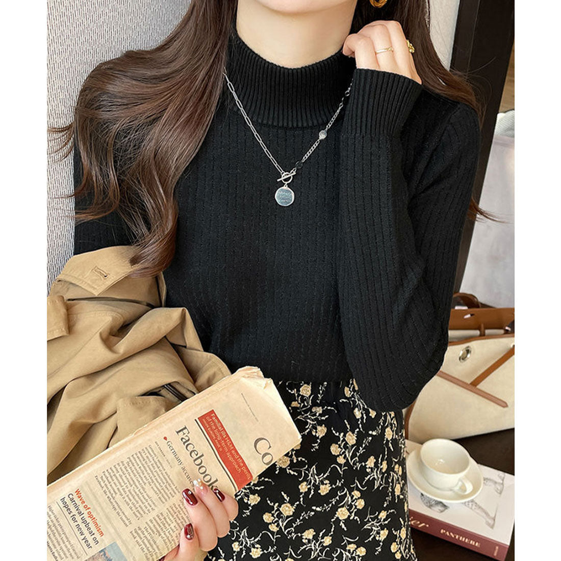 ニットトップス 裏起毛 ハイネック 厚手 ピンクベージュ