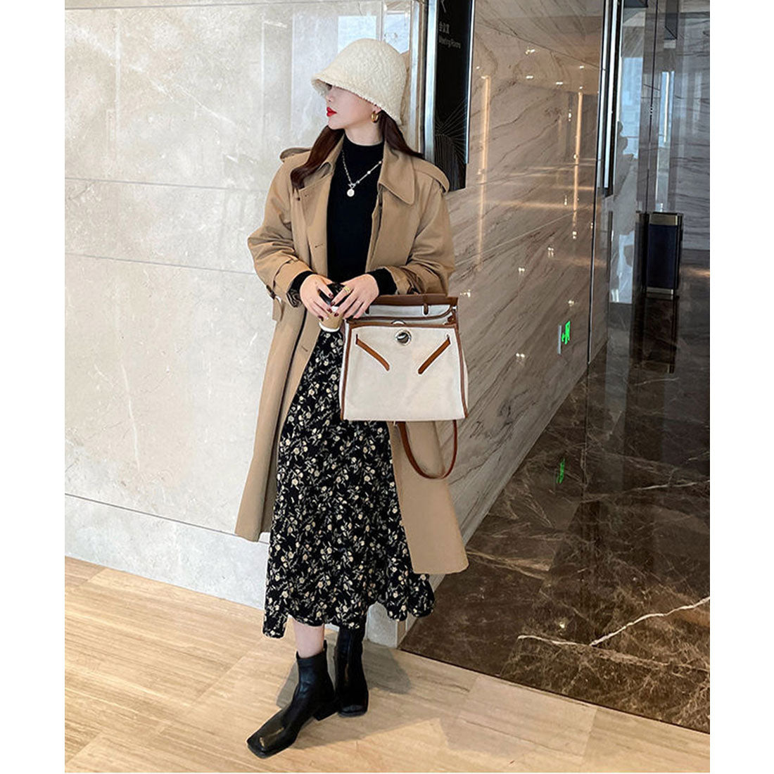 ニットトップス 裏起毛 ハイネック 厚手 ピンクベージュ