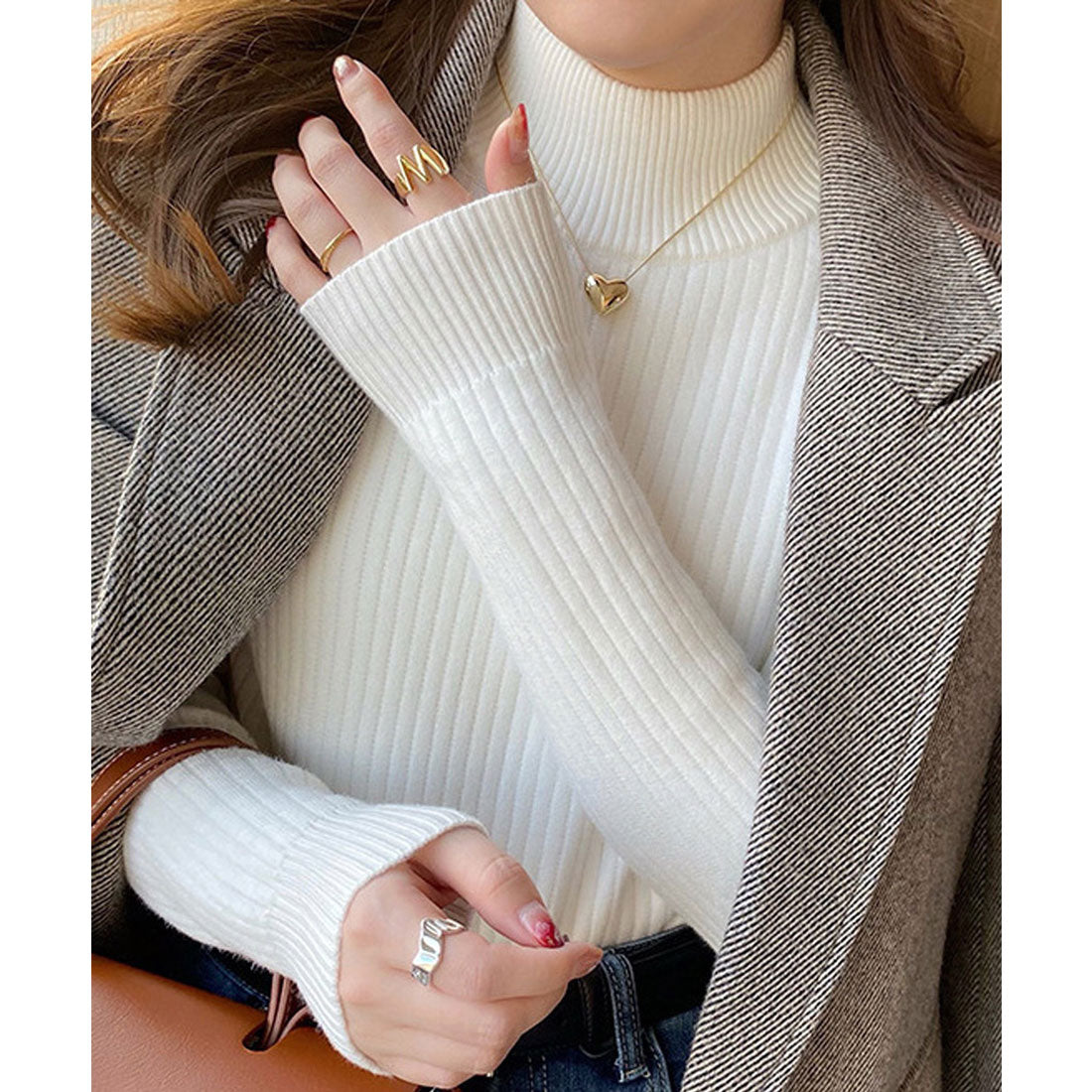 ニットトップス 裏起毛 ハイネック 厚手 ピンクベージュ