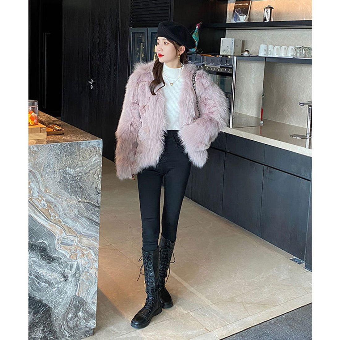 ニットトップス 裏起毛 ハイネック 厚手 ピンクベージュ