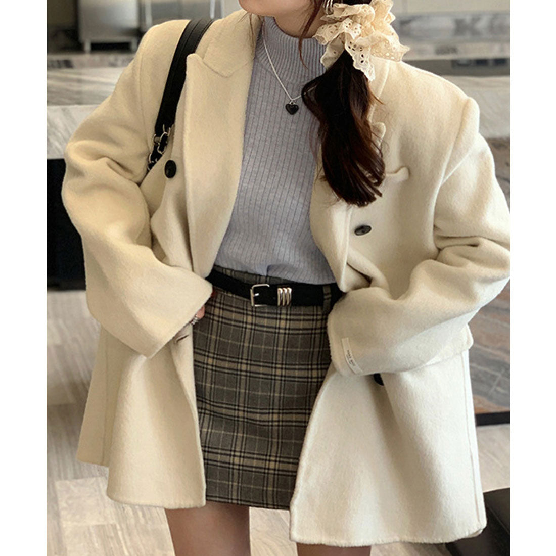 ニットトップス 裏起毛 ハイネック 厚手 ピンクベージュ