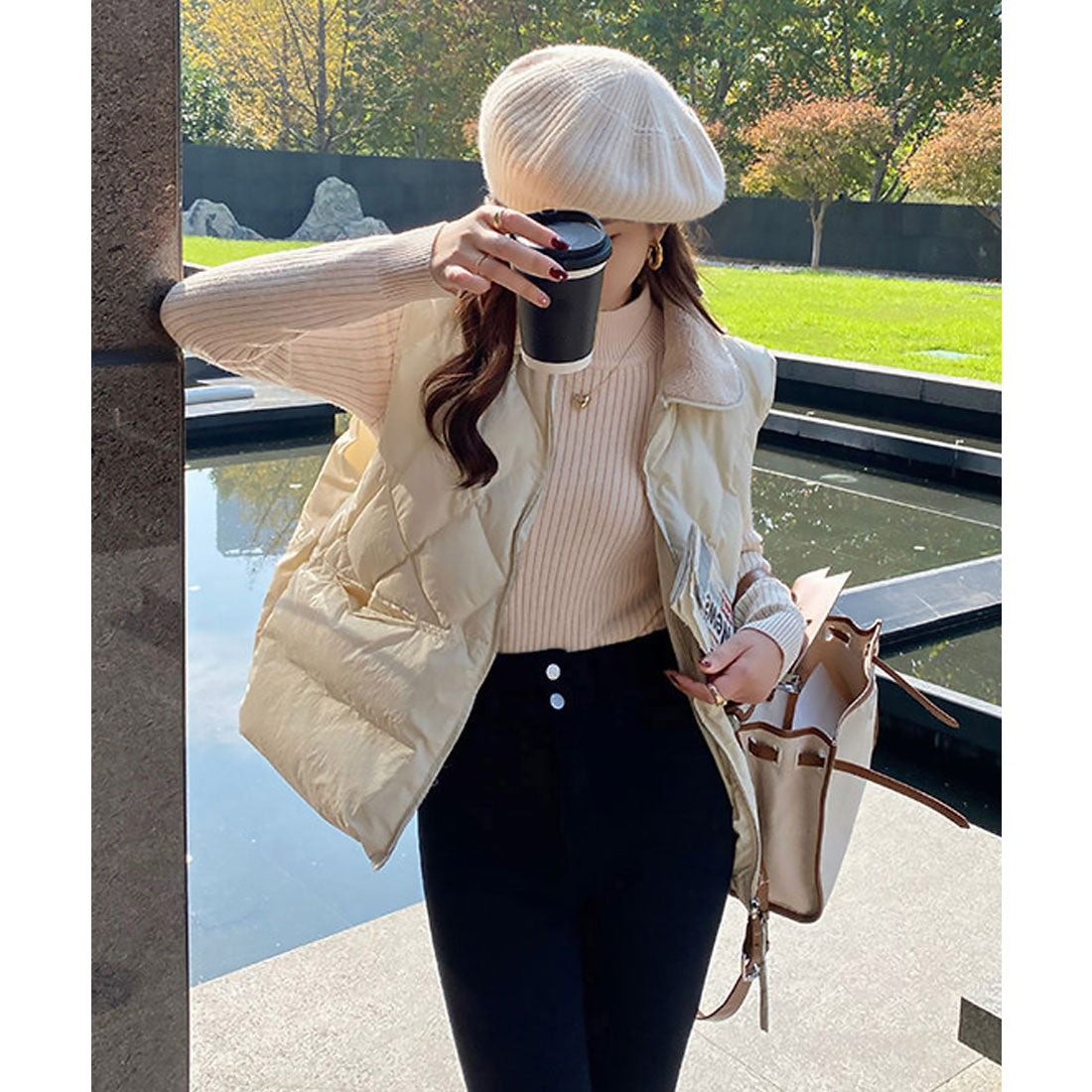 ニットトップス 裏起毛 ハイネック 厚手 ピンクベージュ