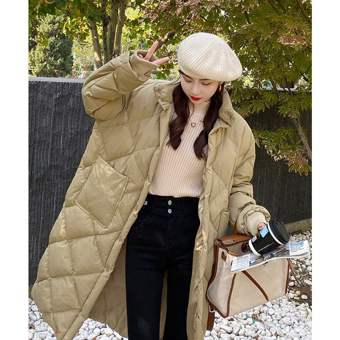 ニットトップス 裏起毛 ハイネック 厚手 ピンクベージュ