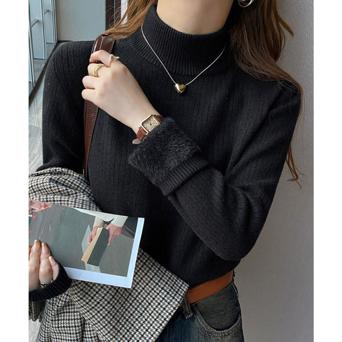 ニットトップス 裏起毛 ハイネック 厚手 ブラック