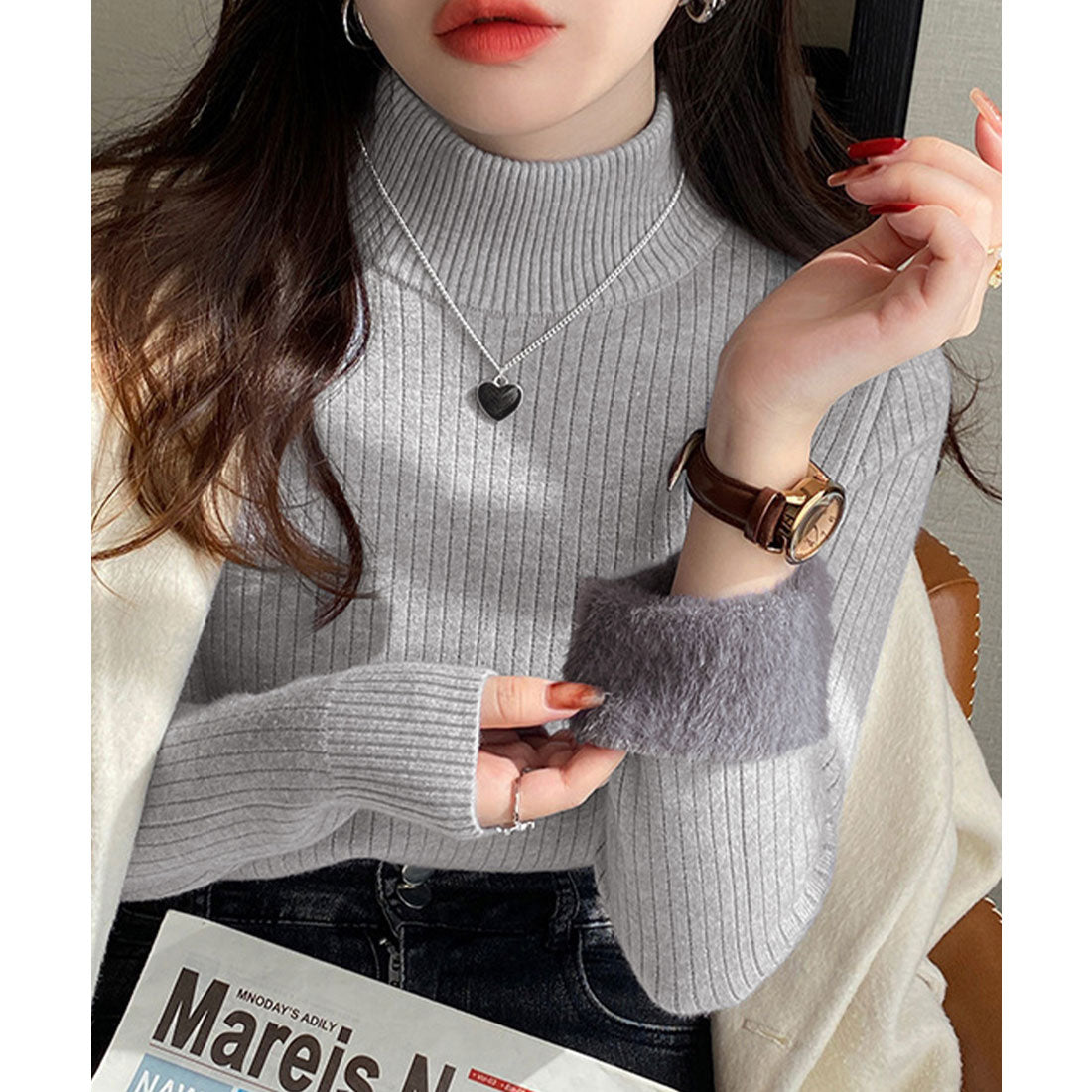 ニットトップス 裏起毛 ハイネック 厚手 グレー